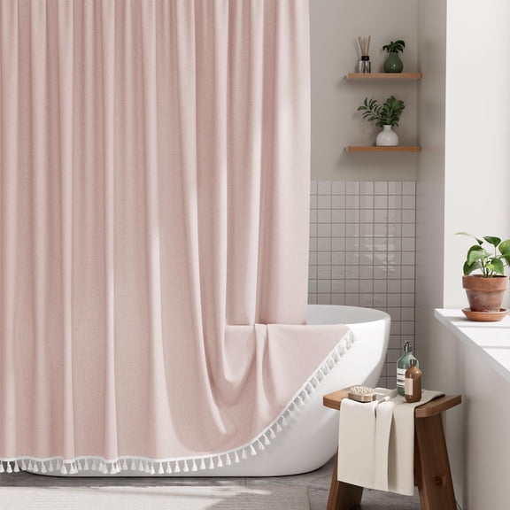 Bathway Pink Boho Shower Curtain with Tassels, Modern Farmhouse Shower Curtains for Bathroom, Pink Shower Curtain Fabric, Rustic Faux Linen Shower Curtain Set with Hooks, 72x72 Inches