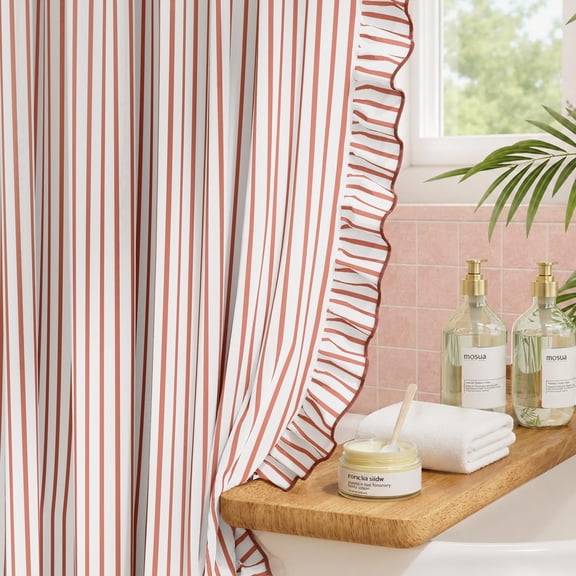 BathWay Ruffle Shower Curtain for Bathroom, Farmhouse Red Stripe, 72" W x 84" L