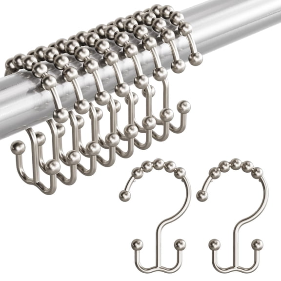 Bathway Shower Curtain Rings, Rust-Resistant Metal Double Shower Hooks for Curtain Rolling Shower Curtain Hooks Rings Shower Rings for Bathroom Shower Curtain Rod, Matte Nickel, Set of 12 Rings
