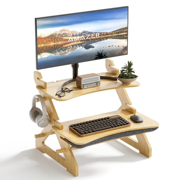 Bathway Standing Desk Converter, 22 inch Bamboo Small Sit Stand Up Desk Riser with Lap Desk Computer Desktop Desk Converter for Monitor and Laptop with Keyboard Tray