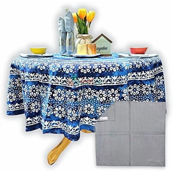 Batik Bloom Floral Cotton Tablecloth and One Gray Napkin, Floral Kitchen Dining Table Cloth, Table Cover for Indoor and Outdoors, Shadow Blue, 72-in Round$$Home Decor, Kitchen, & Other