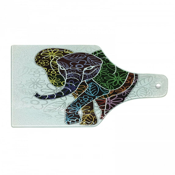 Batik Cutting Board, Digital Big with Floral Lines and Tribal Shapes Wild Life Theme Image, Decorative Tempered Glass Cutting and Serving Board, Wine Bottle Shape, Multicolor, by Ambesonne