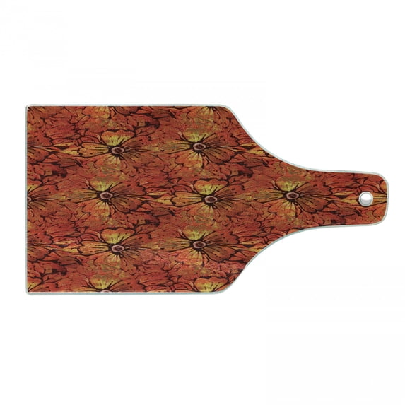 Batik Cutting Board, Grungy Distressed Nostalgic Victorian Style Flower Petals Romantic Female Retro Design, Tempered Glass Cutting and Serving Board, Wine Bottle Shape, Orange, by Ambesonne