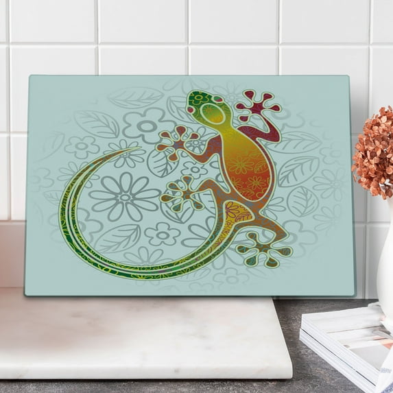 Batik Cutting Board, Native Southeast Common House Gecko Moon Lizard Tropical Monster Graphic Design, Decorative Tempered Glass Cutting and Serving Board, Large Size, Multicolor, by Ambesonne