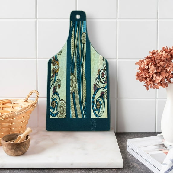 Batik Cutting Board, Oriental Floral Swirls with Leaves Classic Feminine in Earth Tones, Decorative Tempered Glass Cutting and Serving Board, in 3 Sizes, by Ambesonne
