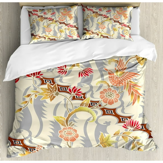 Batik Decor King Size Duvet Cover Set, Japanese Garden Inspired Swirling Spring Flowers Design in Soft Colors Illustration, Decorative 3 Piece Bedding Set with 2 Pillow Shams, Multi, by Ambesonne