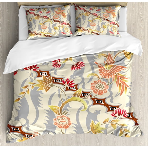 Batik Decor Queen Size Duvet Cover Set, Japanese Garden Inspired Swirling Spring Flowers Design in Soft Colors Illustration, Decorative 3 Piece Bedding Set with 2 Pillow Shams, Multi, by Ambesonne