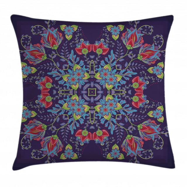 Batik Decor Throw Pillow Cushion Cover, Bohemian Malaysian Floral Bouquet Embellish Ornamental Royal Asian Artisan Image, Decorative Square Accent Pillow Case, 16 X 16 Inches, Blue Red, by Ambesonne
