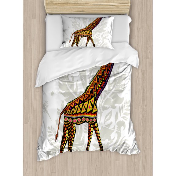 Batik Decor Twin Size Duvet Cover Set, African Savannah Animal Giraffe with Ethnic Ornament Patterns on Body Creature Print, Decorative 2 Piece Bedding Set with 1 Pillow Sham, Multi, by Ambesonne