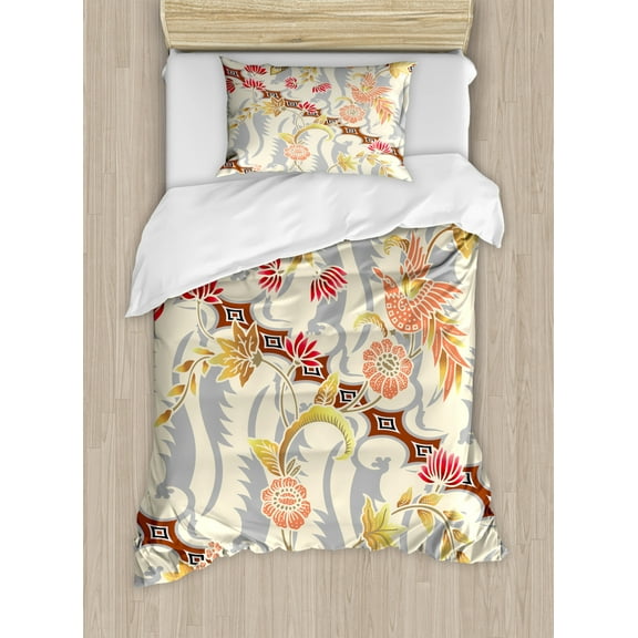 Batik Decor Twin Size Duvet Cover Set, Japanese Garden Inspired Swirling Spring Flowers Design in Soft Colors Illustration, Decorative 2 Piece Bedding Set with 1 Pillow Sham, Multi, by Ambesonne