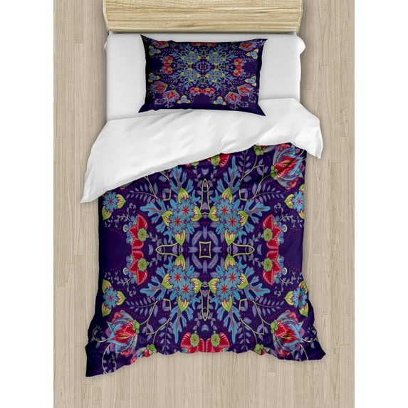 Batik Duvet Cover Set, Bohemian Malaysian Floral Bouquet Corsage Royal, Decorative 2 Piece Bedding Set with 1 Pillow Shams, Twin Size, Quartz Multicolor, by Ambesonne