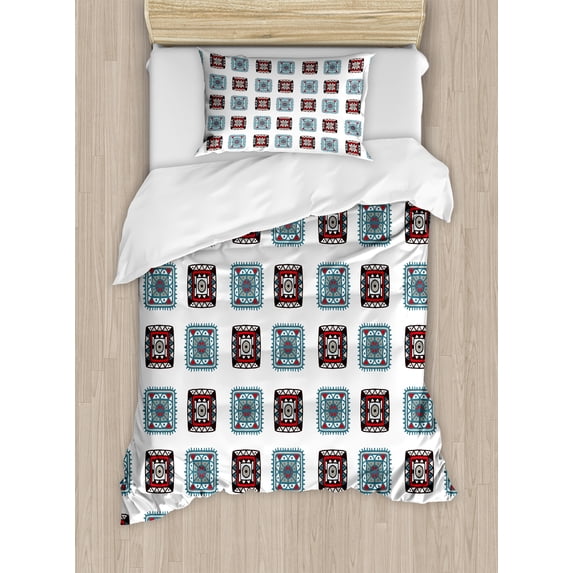 Batik Duvet Cover Set, Geometric Square Shaped Lines Forms with Detail Folk Batik Image, Decorative 2 Piece Bedding Set with 1 Pillow Shams, Twin Size, Multicolor, by Ambesonne