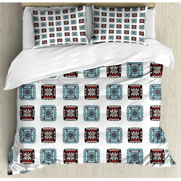 Batik Duvet Cover Set, Geometric Square Shaped Lines Forms with Detail Folk Batik Image, Decorative 3 Piece Bedding Set with 2 Pillow Shams, Calking Size, Multicolor, by Ambesonne