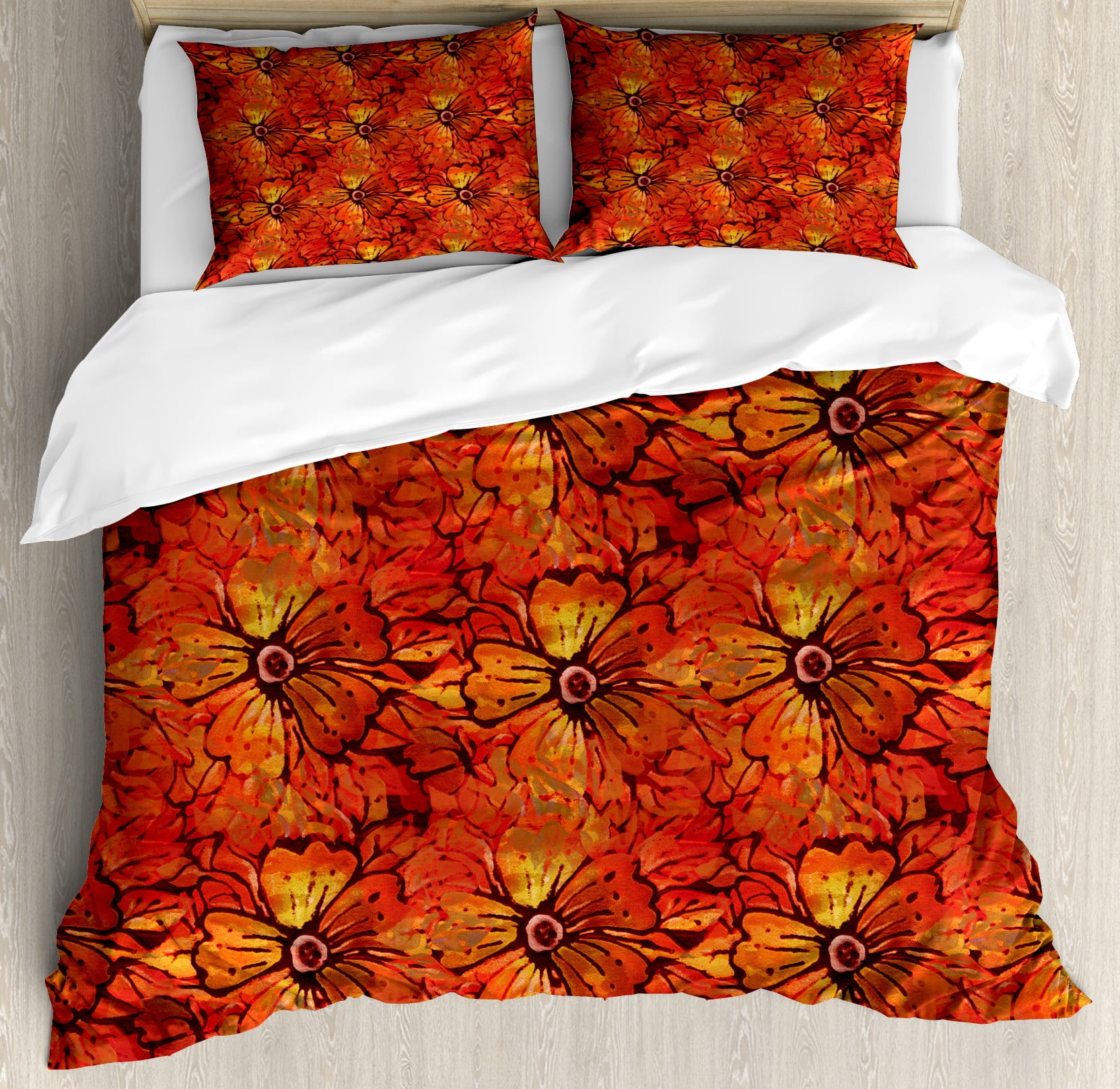 Queen Orange Floral Batik Duvet Cover Set with Pillow Shams