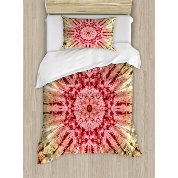 Batik Duvet Cover Set Twin Size, Gradient Circle Batik Pattern with Spectral Pleats and Distressed Spots Image Print, Decorative 2 Piece Bedding Set with 1 Pillow Sham, Red Brown, by Ambesonne