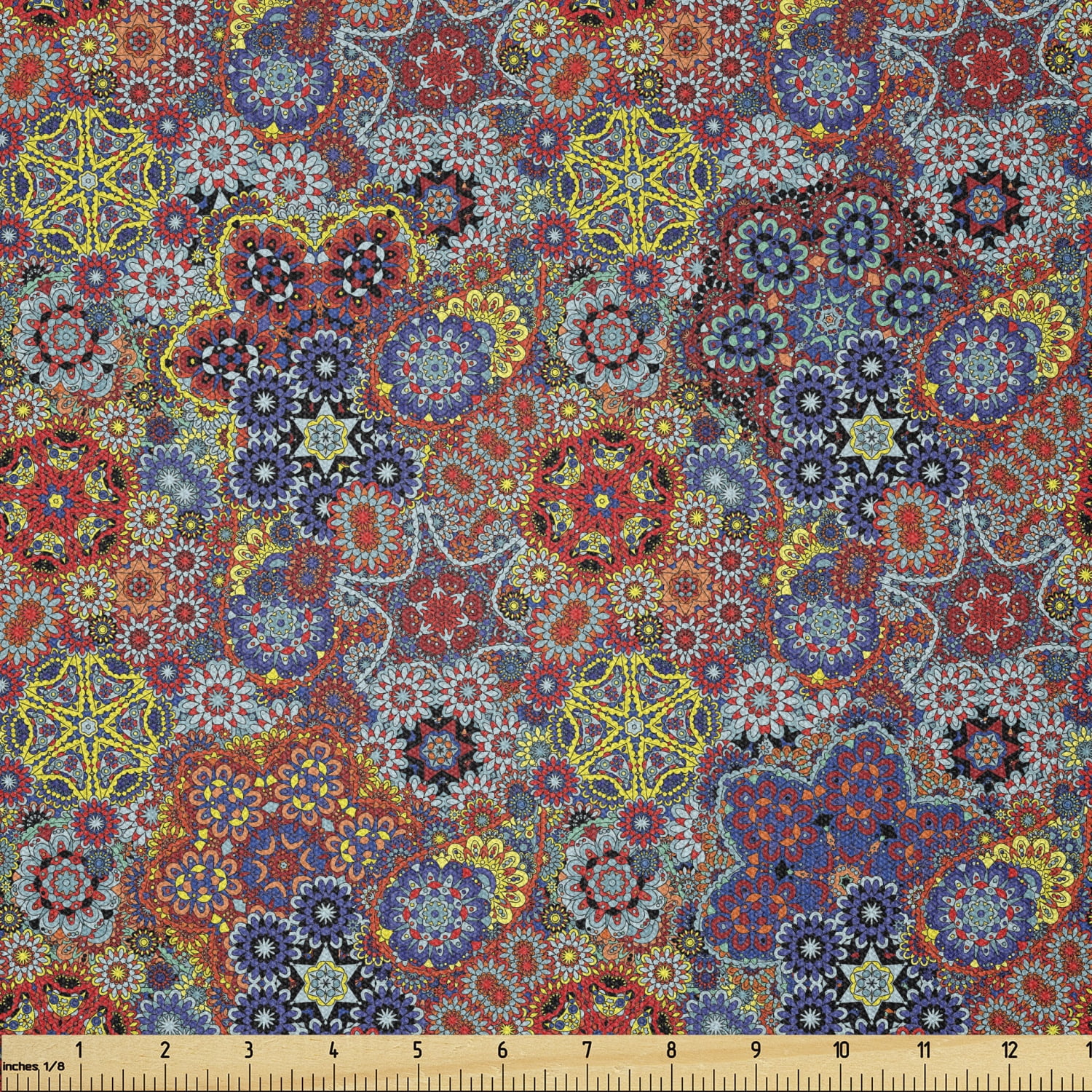 Batik Fabric by The Yard, Vintage Combined Nested Paisley Motif Oriental Feminine Cultural Eastern Batik Theme, Stretch Knit Fabric for Clothing Sewing and Arts Crafts, 1 Yard, Blue Red, by Ambesonne