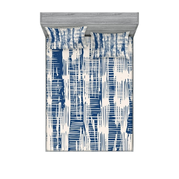Batik Fitted Sheet & Pillow Sham Set, Abstract Stripy Pattern with Grunge Effect Folkloric Rustic Design Print, Decorative Printed 6 Piece Bedding Decor Set, Queen, Navy Blue and Cream, by Ambesonne
