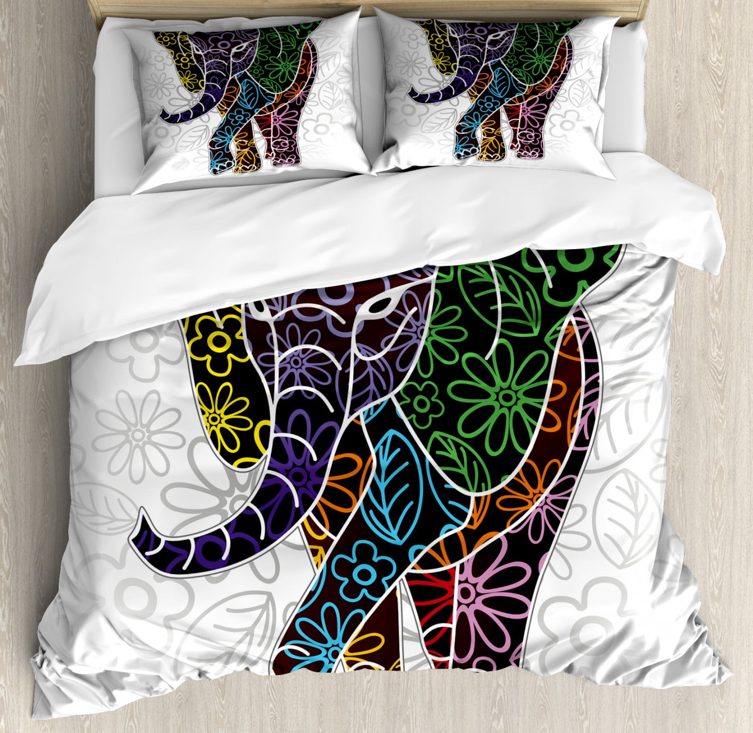 King Size Multicolor Elephant Floral Microfiber Duvet Cover Set