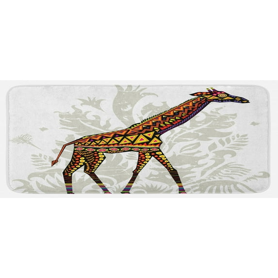 Batik Kitchen Mat, Savannah Animal Giraffe with Ornament Patterns on Body Creature Print, Plush Decorative Kitchen Mat with Non Slip Backing, 47" X 19", Multicolor, by Ambesonne