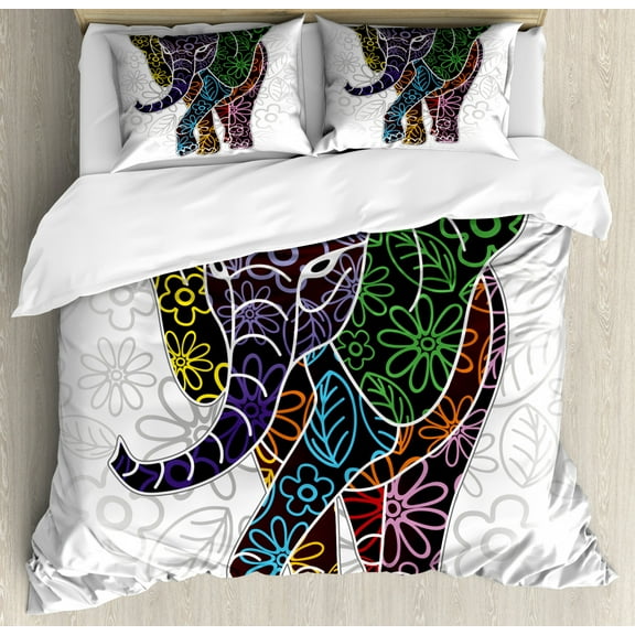 Batik Queen Size Duvet Cover Set, Digital Big Elephant Figure with Floral Lines and Tribal Shapes Wild Life Theme Image, Decorative 3 Piece Bedding Set with 2 Pillow Shams, Multicolor, by Ambesonne