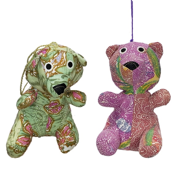 Batik Sarong Fabric Panda Hanging Figurine Ornament Each Hand Made Using Recycled Batik Fabric, Makes For Great Christmas Tree Holiday Arrangement Décor Set of 2