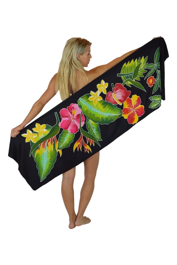 Island Style Women's Batik Sarong Pareo Cover-up- Hawaiian Bouquet, Black