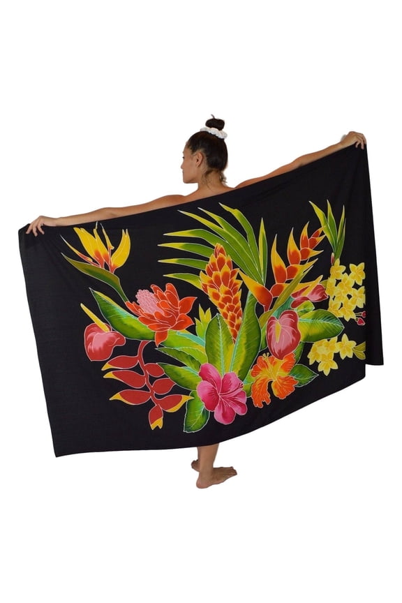 Island Style Women's Batik Sarong Pareo Cover-up- Hawaiian Bouquet, Black