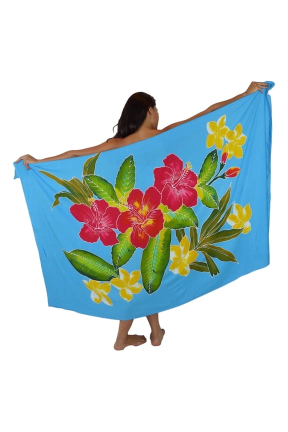Island Style Women's Pareo Sarong Cover-up- Hawaiian Floral Print, Light Blue