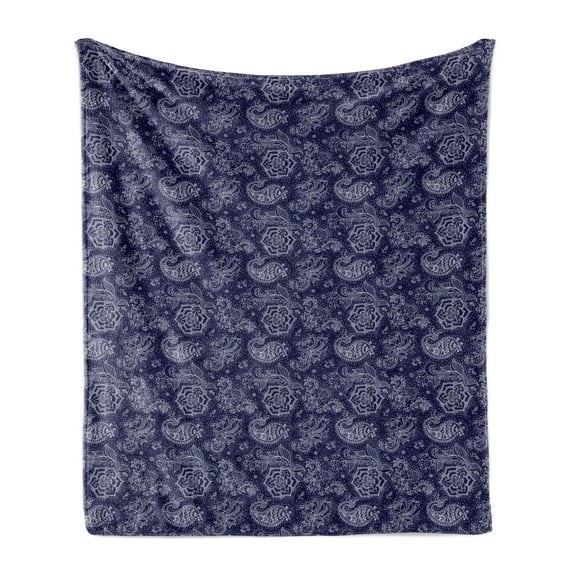 Batik Soft Flannel Fleece Blanket, Monochrome Paisley Leaves with Flower Petals and Branches Flourish Oriental Motifs, Cozy Plush for Indoor and Outdoor Use, 60" x 80", Indigo White, by Ambesonne