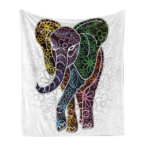 Batik Soft Flannel Fleece Throw Blanket, Digital Big with Floral Lines and Tribal Shapes Wild Life Theme Image, Cozy Plush for Indoor and Outdoor Use, 50" x 60", Multicolor, by Ambesonne