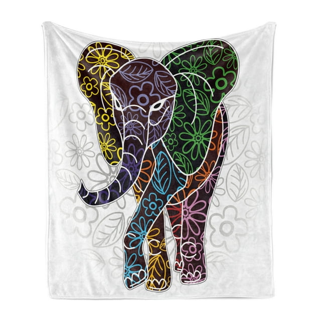 Batik Soft Flannel Fleece Throw Blanket, Digital Big with Floral Lines and Tribal Shapes Wild Life Theme Image, Cozy Plush for Indoor and Outdoor Use, 70" x 90", Multicolor, by Ambesonne