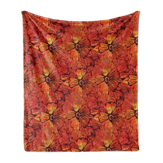 Batik Soft Flannel Fleece Throw Blanket, Grungy Distressed Nostalgic Victorian Style Flower Petals Romantic Female Retro Design, Cozy Plush for Indoor and Outdoor Use, 70" x 90", Orange, by Ambesonne
