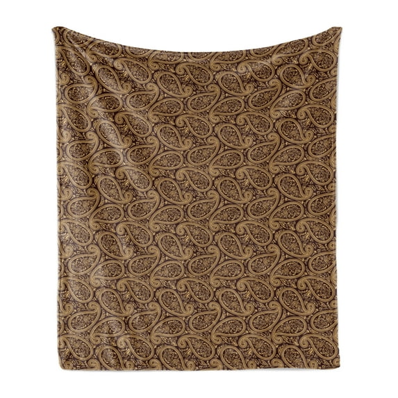 Batik Soft Flannel Fleece Throw Blanket, Oriental Paisley Leaves Motif with Persian Malaysian Effects, Cozy Plush for Indoor and Outdoor Use, 60" x 80", Sand Brown Chestnut Brown, by Ambesonne