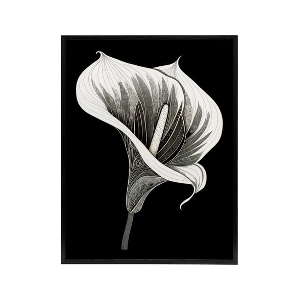 Batik Style Black White Calla Lily Flower Black Framed Canvas Art Print 12X16"