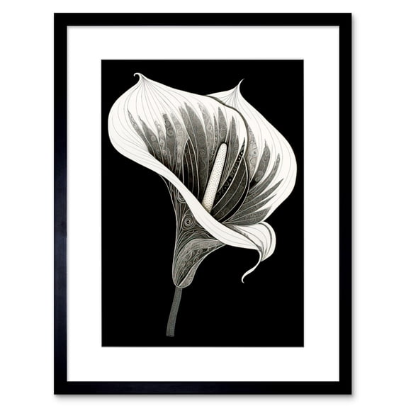 Batik Style Black and White Calla Lily Flower Artwork Framed Wall Art Print 9X7 Inch