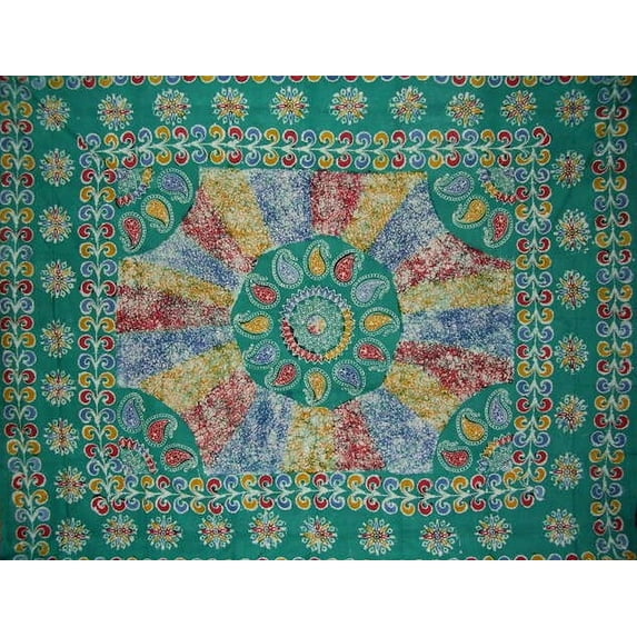 Batik Tapestry Cotton Bedspread 108" x 88" Full-Queen Green
