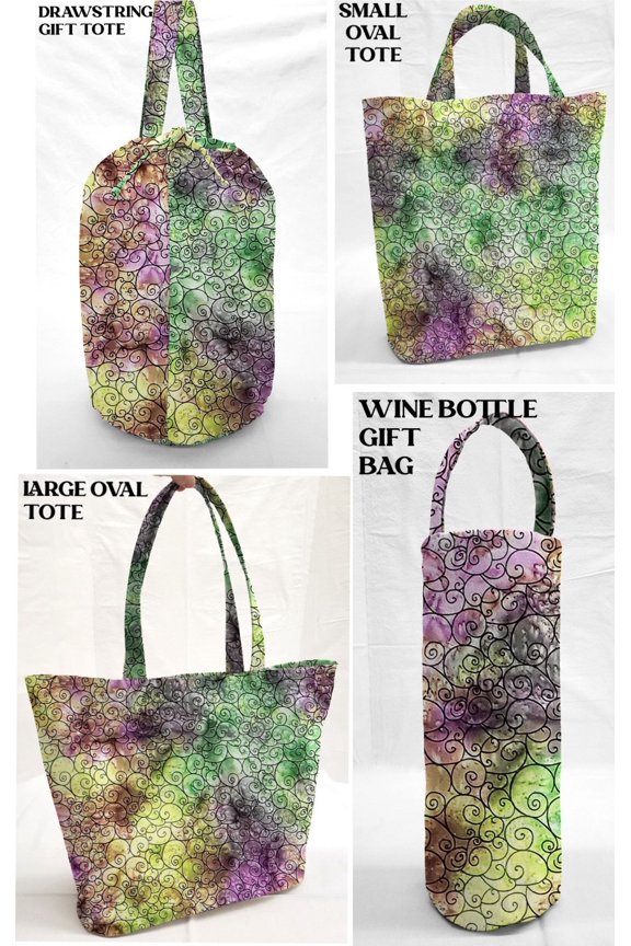Batik Tie Dye Reusable Fabric Gift Bags and/or Bags by Penny's Needful Things (Small Oval Tote) (Purple Green Swirl)