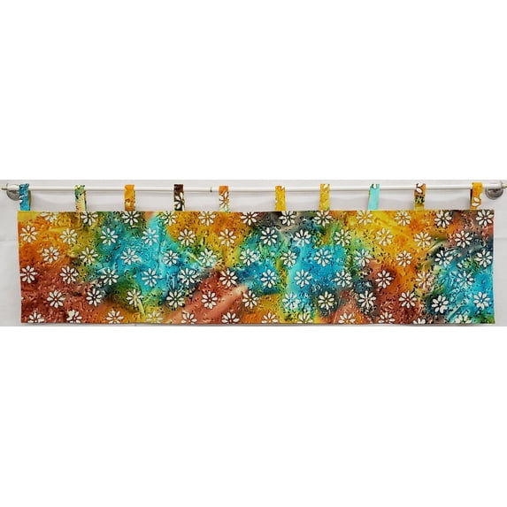 Batik Tie Dye Tab Top Valances by Penny's Needful Things (Lined) (18 Inch One Valance Panel) (Orange Teal Green Floral)
