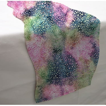 Batik Tie Dye Table Runner by Penny's Needful Things (3 Feet Long - SCALLOPED) (Pink Blue Green Spots)