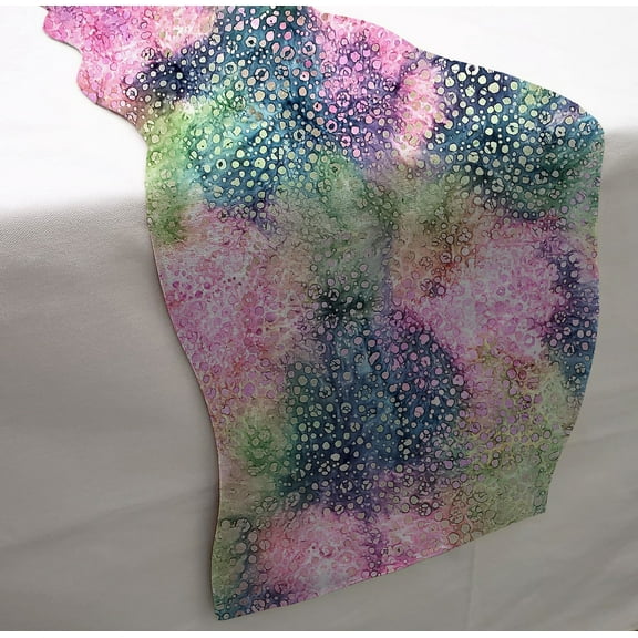 Batik Tie Dye Table Runner by Penny's Needful Things (3 Feet Long - SCALLOPED) (Pink Blue Green Spots)