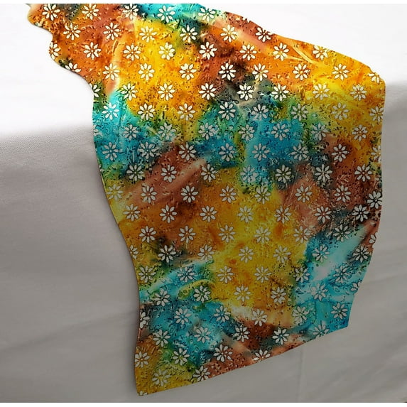 Batik Tie Dye Table Runner by Penny's Needful Things (4 Feet Long - SCALLOPED) (Orange Teal Green Floral)