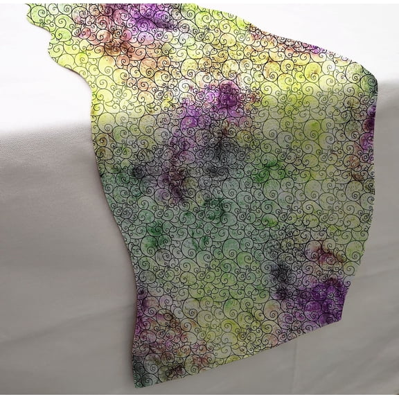 Batik Tie Dye Table Runner by Penny's Needful Things (6 Feet Long - SCALLOPED) (Purple Green Swirl)