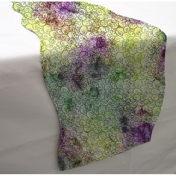 Batik Tie Dye Table Runner by Penny's Needful Things (6 Feet Long - SCALLOPED) (Purple Green Swirl)
