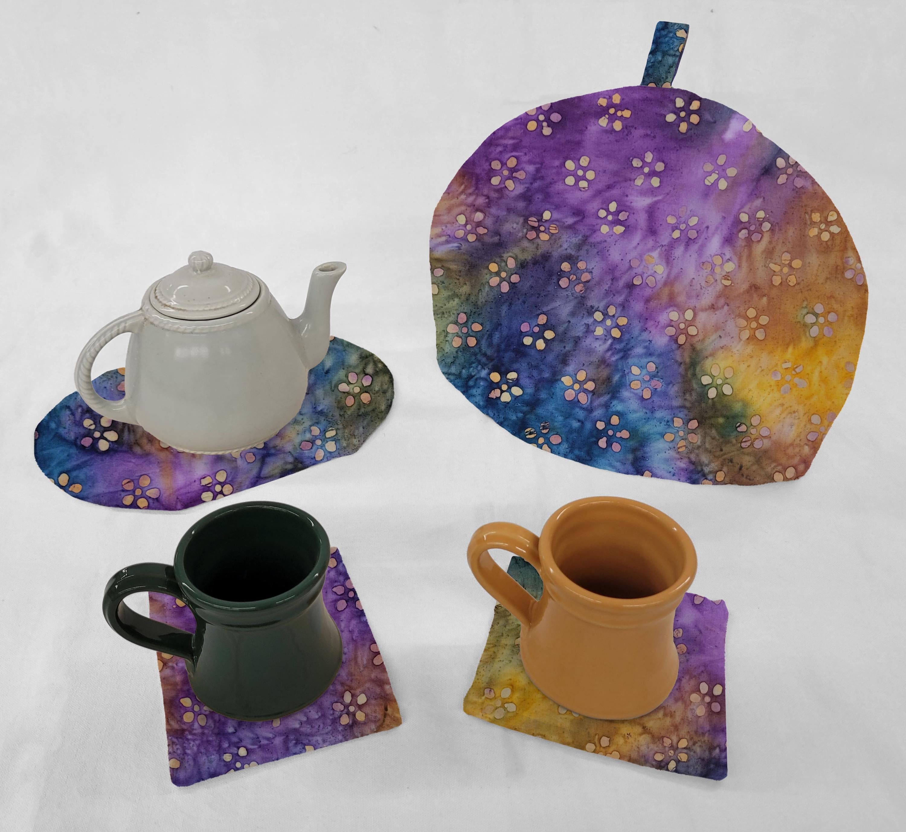 Batik Tie Dye Tea Pot Cozy & Coaster Set (Orange Purple Blue Floral ...