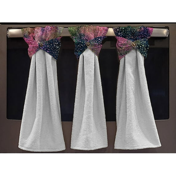 Batik Tie Dye Wraparound Snap Hanging Towels (Set of 2) by Penny's Needful Things (Pink Blue Green Spots) (Terrycloth Color: White)