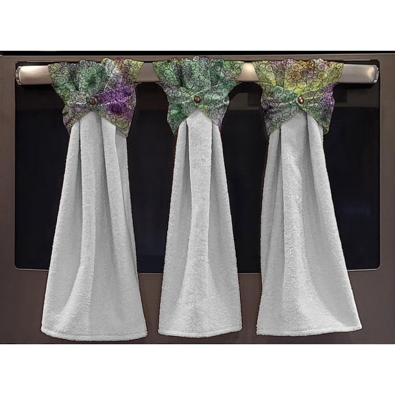 Batik Tie Dye Wraparound Snap Hanging Towels (Set of 3) by Penny's Needful Things (Purple Green Swirl) (Terrycloth Color: White)