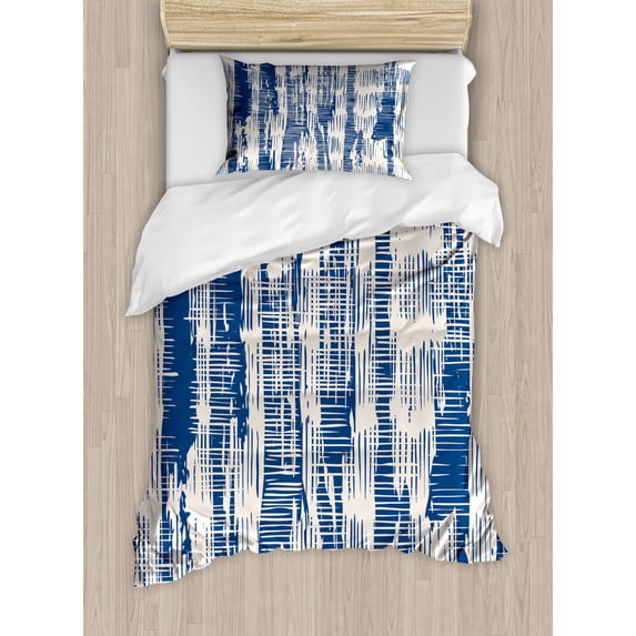 Batik Twin Size Duvet Cover Set, Abstract Stripy Pattern with Grunge Effect Folkloric Rustic Design Print, Decorative 2 Piece Bedding Set with 1 Pillow Sham, Navy Blue and Cream, by Ambesonne