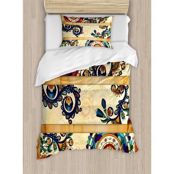 Batik Twin Size Duvet Cover Set, Oriental Vintage Paisley Batik Pattern with Eastern Motifs in Flat Boho Art Design, Decorative 2 Piece Bedding Set with 1 Pillow Sham, Multicolor, by Ambesonne