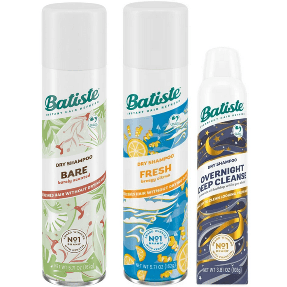 Batiste Dry Shampoo Variety 3-pack, Refresh Hair and Absorb Oil Between Washes, Waterless Shampoo for Added Hair Texture and Body - Bare Fragrance, Fresh Fragrance, & Overnight Deep Cleanse, 5.71 oz