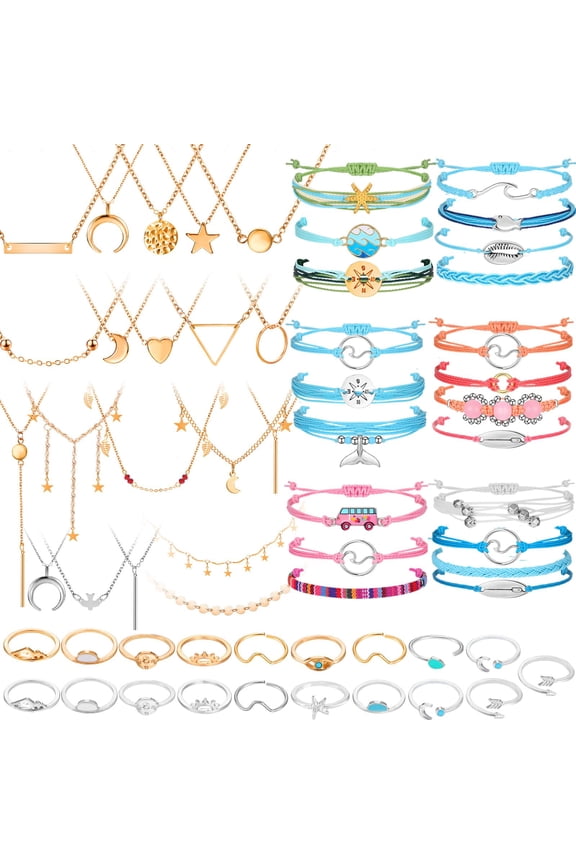 60 Pcs Christmas Surfer Wave Friendship Bracelet Layered Choker Pendant Necklace Adjustable Multilayer Chain Bracelet Anklets Knuckle Rings for Women Xmas Gifts(Cool) C113